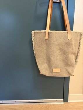 Jamie Young Co. Gray Canvas Tote Bag Shopper Fringe Trim Interior Designs JYC